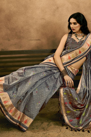 Grey Patola Handloom Weaving Silk Saree_Kumari Sarees