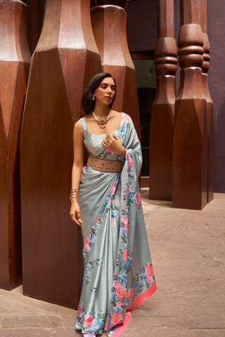 GREY DIGITAL PRINTED SATIN CREPE SAREE