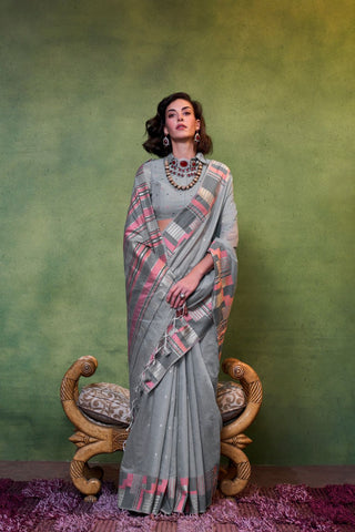 Grey Spun Handloom Weaving Silk Saree