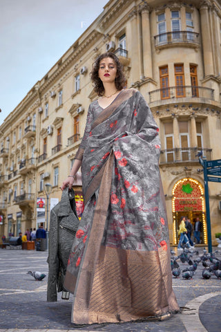 GREY PRINTED POLY BRASSO HANDLOOM WEAVING SAREE