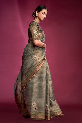 Grey Tussar Saree with Hand based Work