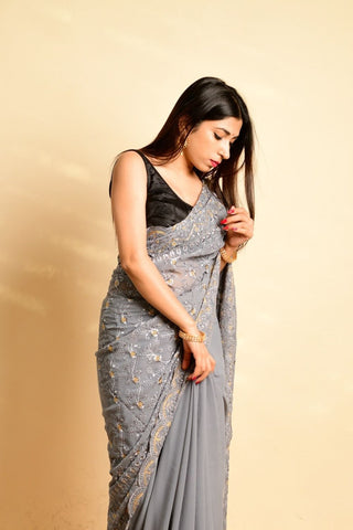 GREY THREAD WORK GEORGETTE SAREE