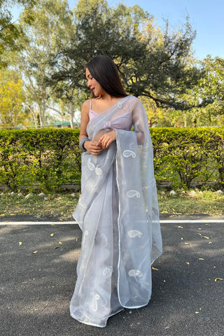 GREY ORGANZA SILK SAREE