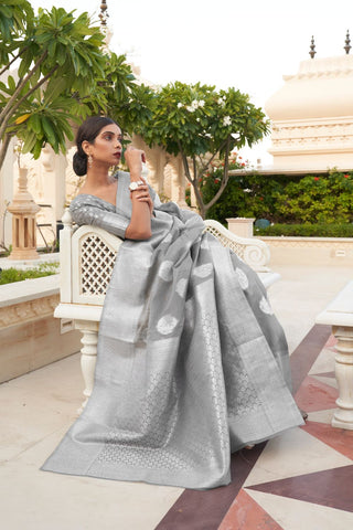 GREY PURE LINEN WEAVING SAREE