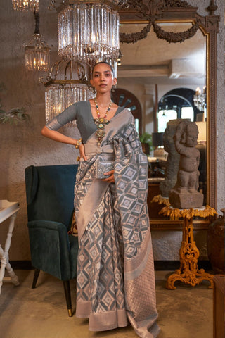 GREY PURE LINEN HANDLOOM WEAVING SAREE