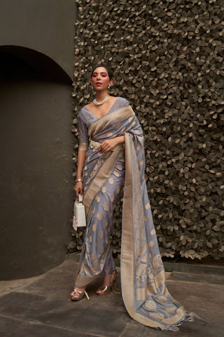 GREY NYLON CHINON TWO - TONE WEAVING SAREE