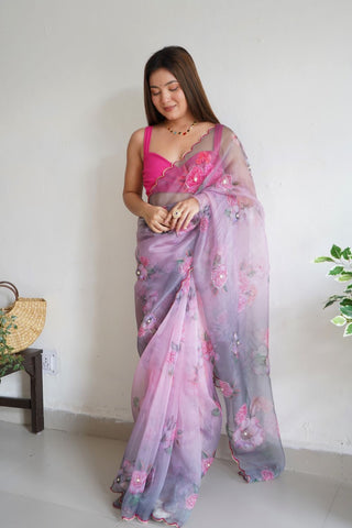 GREY ORGANZA HANDWORK DIGITAL PRINT SAREE