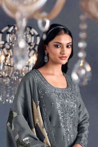 Grey Pure Russian Silk Embroidery Kurta Set