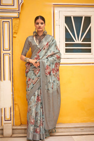 Grey Soft Cotton Silk With Floral Print Saree_Kumari Sarees