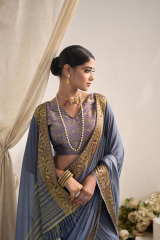 Grey Pure Silk Creep Saree_Kumari Sarees
