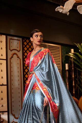 GREY PRINTED JAPAN SATIN CREPE SAREE