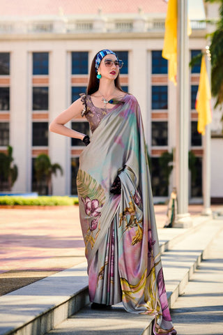 Grey Pure Satin Digital Print Silk Saree_Kumari Sarees