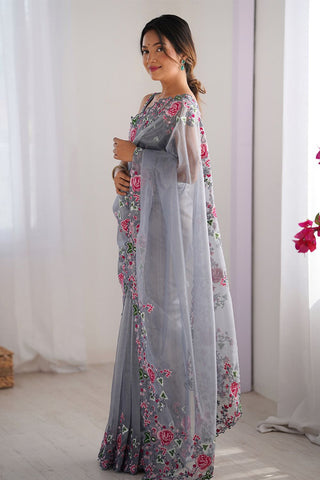 Grey Twill Net With Multi Embroidery Work Silk Saree