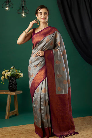 Grey Banarasi Silk Saree_Kumari Sarees