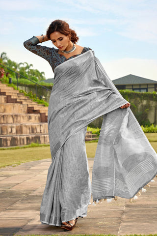 GREY SOFT LINEN SILK SAREE