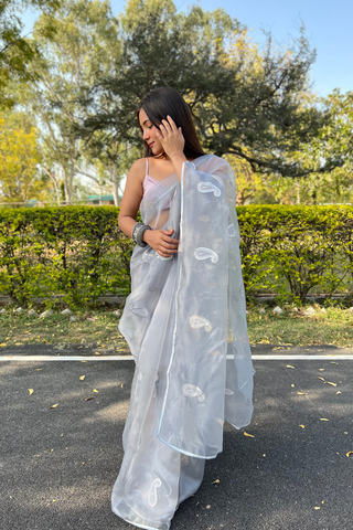 GREY ORGANZA SILK SAREE