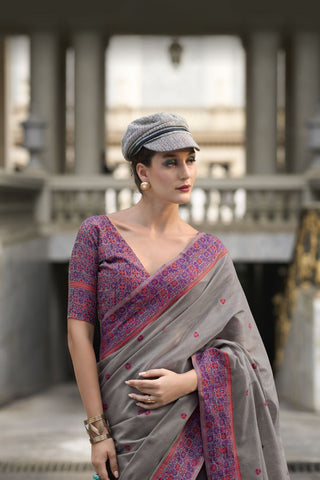 GREY SOFT LINEN COTTON SAREE