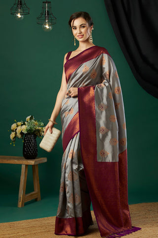 Grey Banarasi Silk Saree_Kumari Sarees