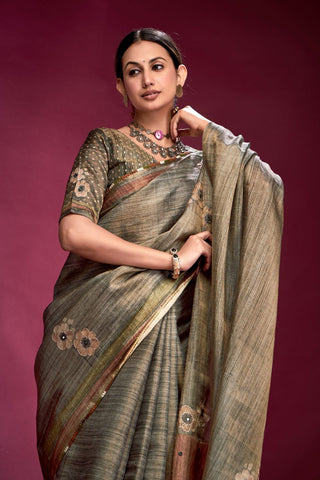 Grey Tussar Saree with Hand based Work