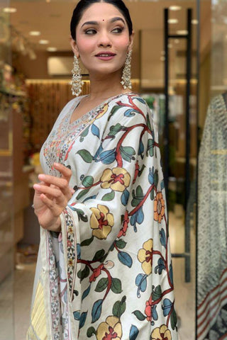 Grey Viscose Chanderi Embroidery Kurta Set_Kumari Sarees