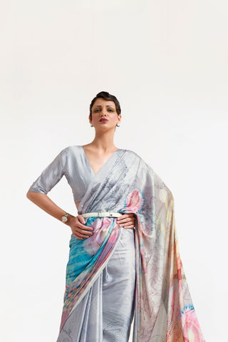 Grey Digital Printed Soft Creep Saree