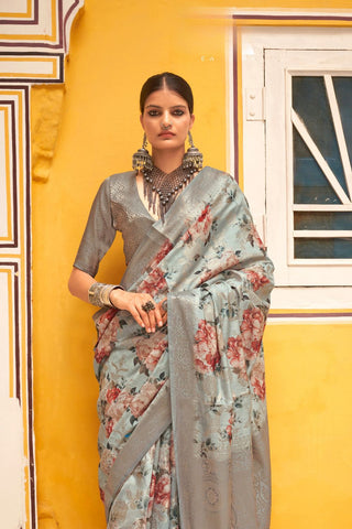 Grey Soft Cotton Silk With Floral Print Saree_Kumari Sarees