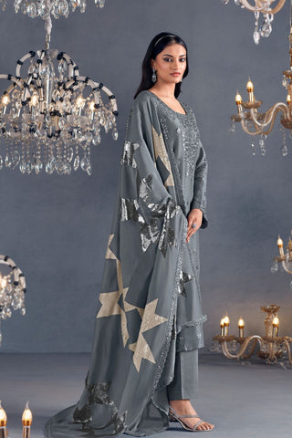 Grey Pure Russian Silk Embroidery Kurta Set