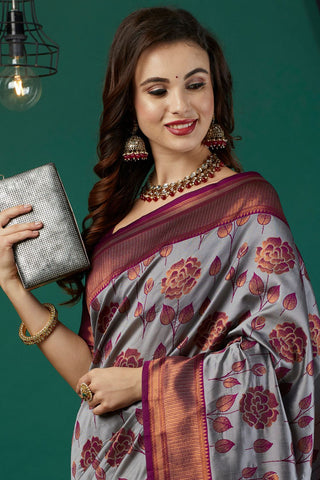 Grey Banarasi Silk Saree_Kumari Sarees