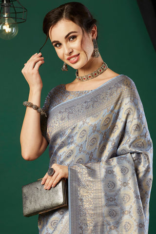 Grey And Gold-Toned Kanjeevaram Saree_Kumari Sarees