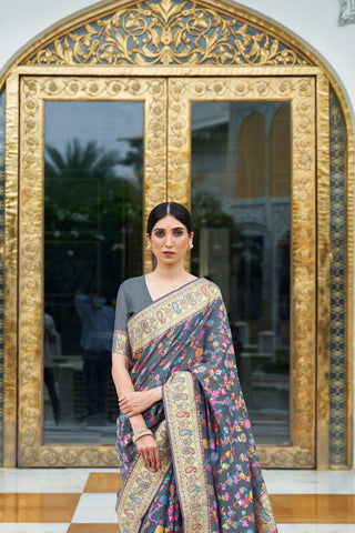 GREY KASHMIRI MODAL HANDLOOM WEAVING SILK SAREE