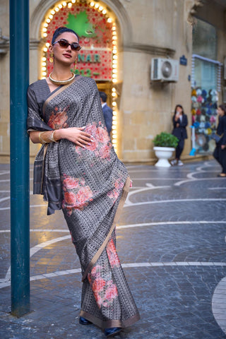 Grey Print-poly Viscose Handloom Weaving Saree