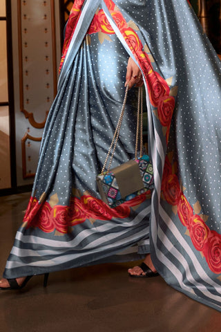 GREY PRINTED JAPAN SATIN CREPE SAREE