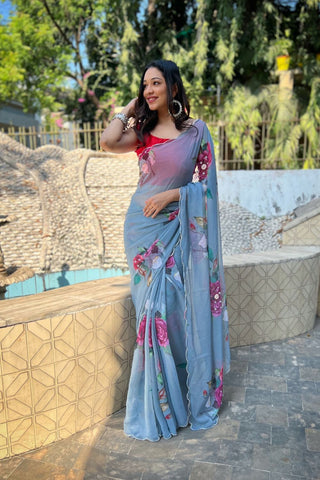 GREY GEORGETTE SILK SAREE