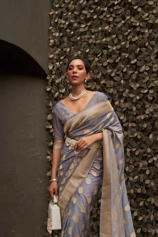 GREY NYLON CHINON TWO - TONE WEAVING SAREE