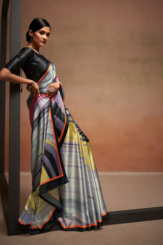 GREY SATIN CREPE DIGITAL PRINT SAREE