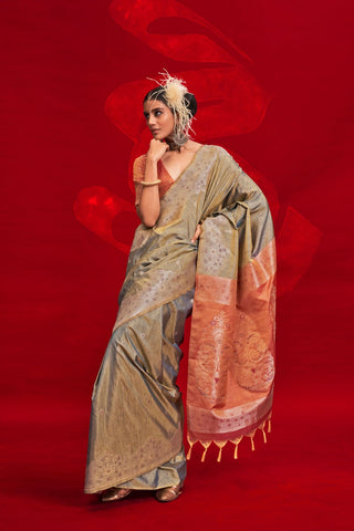 Grey Tussar Handloom Weaving Silk Saree_Kumari Sarees