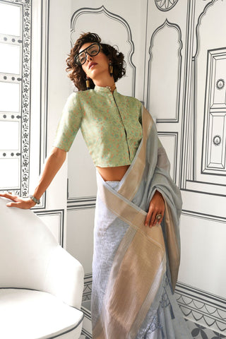 Grey Moss Chiffon Handloom Weaving Saree