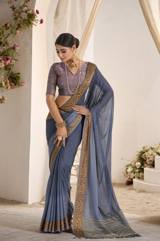 Grey Pure Silk Creep Saree_Kumari Sarees