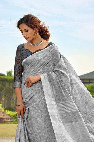 GREY SOFT LINEN SILK SAREE