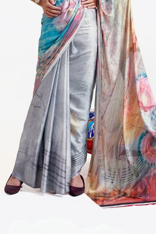 Grey Digital Printed Soft Creep Saree