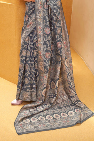 GREY CHIKANKARI LUCKNOWI WEAVING SAREE