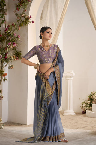 Grey Pure Silk Creep Saree_Kumari Sarees