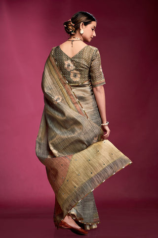 Grey Tussar Saree with Hand based Work