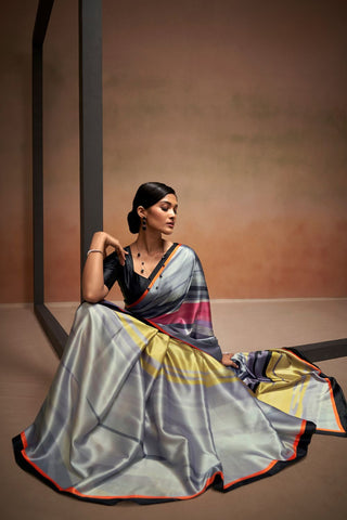 GREY SATIN CREPE DIGITAL PRINT SAREE