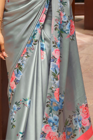 GREY DIGITAL PRINTED SATIN CREPE SAREE