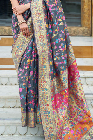 GREY KASHMIRI MODAL HANDLOOM WEAVING SILK SAREE