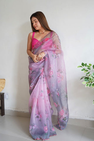 GREY ORGANZA HANDWORK DIGITAL PRINT SAREE