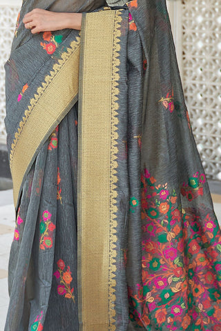 GREY PURE LINEN WEAVING SAREE