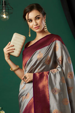 Grey Banarasi Silk Saree_Kumari Sarees