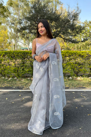 GREY ORGANZA SILK SAREE